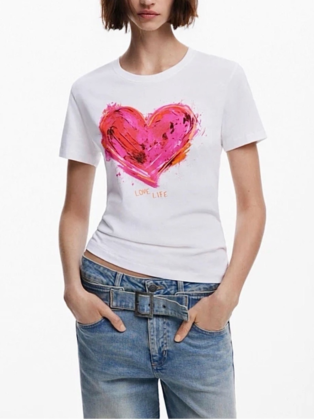 NWT DESIGUAL pure cotton white pink heart motif crew neck t shirt XS